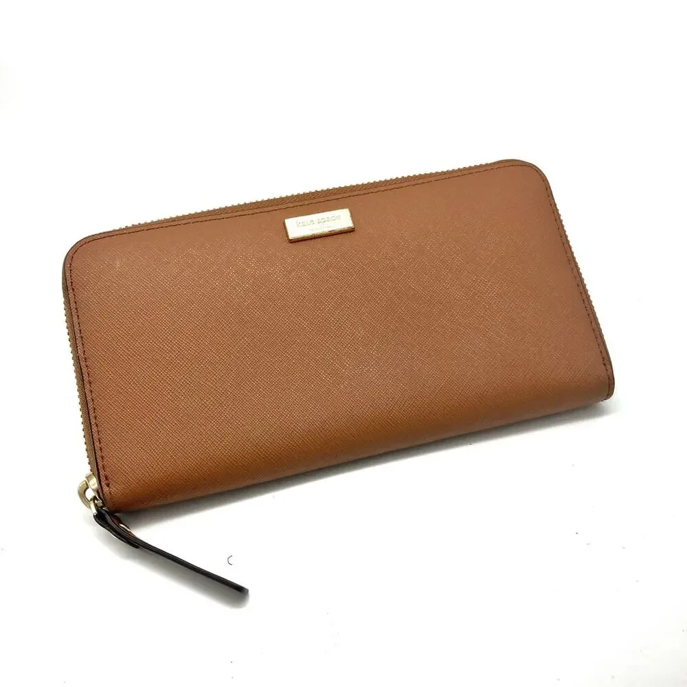 Kate Spade Cognac Saffiano Leather Zip Around Continental Wallet Gold Logo 2010s